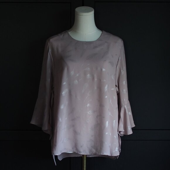 Lucky & Coco | Pale Pink Shimmery Leaf Print Blouse w Flutter Sleeve Cuffs - Picture 1 of 8